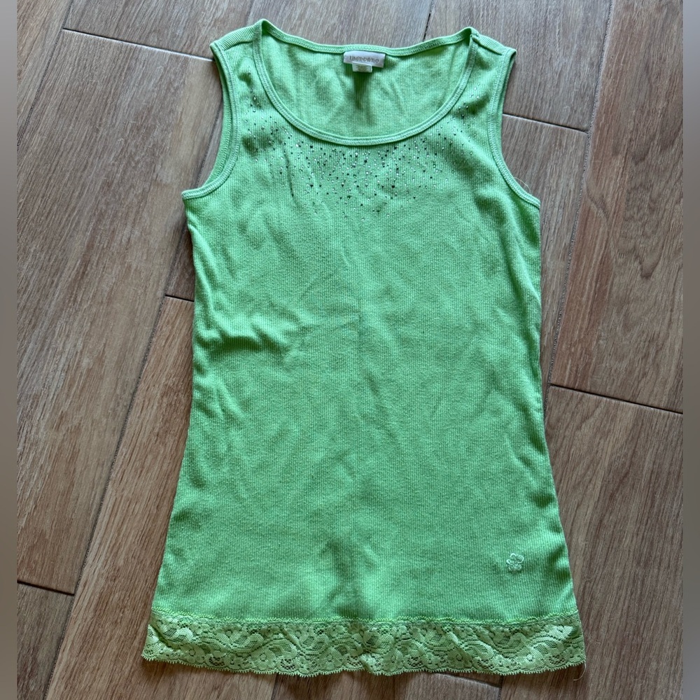 Limited Too Green Tank Top with Lace Detail crystals bling rhinestones 2000s Y2K